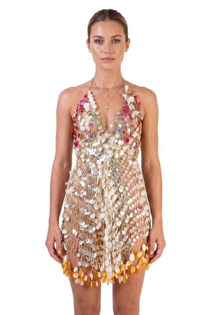 CROCHET DESIGN ORANGE & CREAM METALLIC DETAILS DRESS