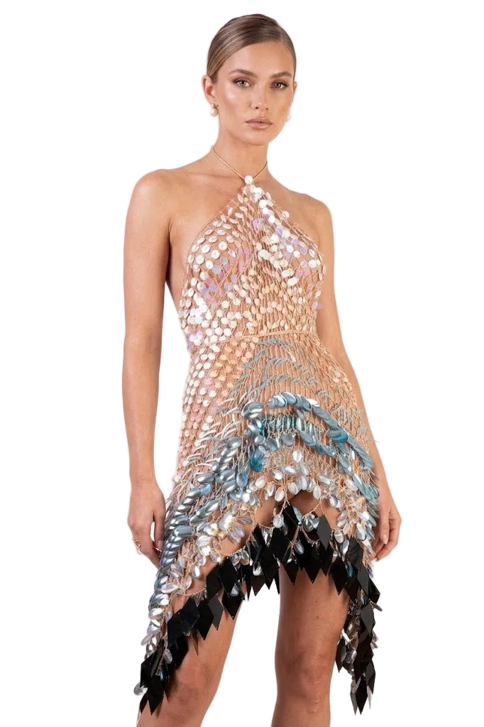 CROCHET DESIGN FANTASY BLUE & BLACK METALLIC DETAILS DRESS