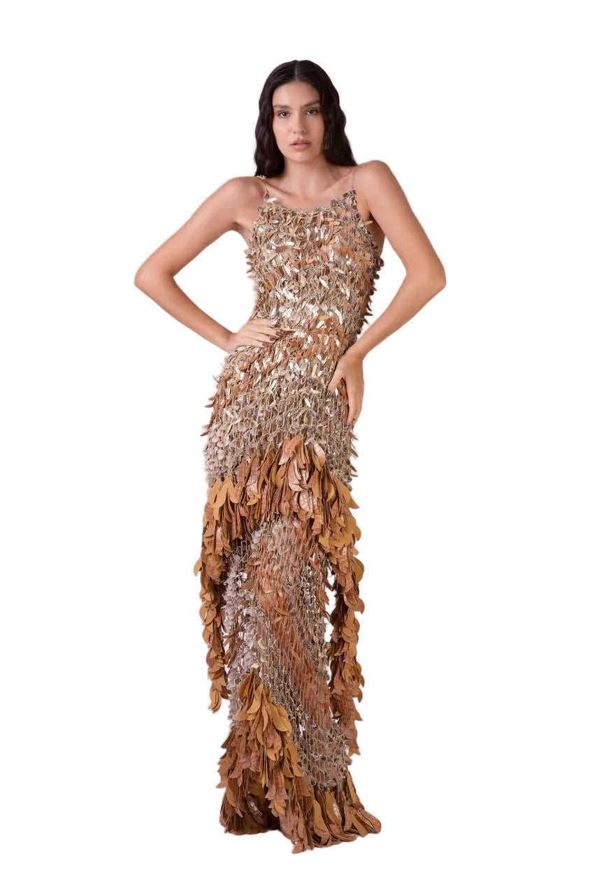 CROCHET LEATHER LEAVES LONG DRESS