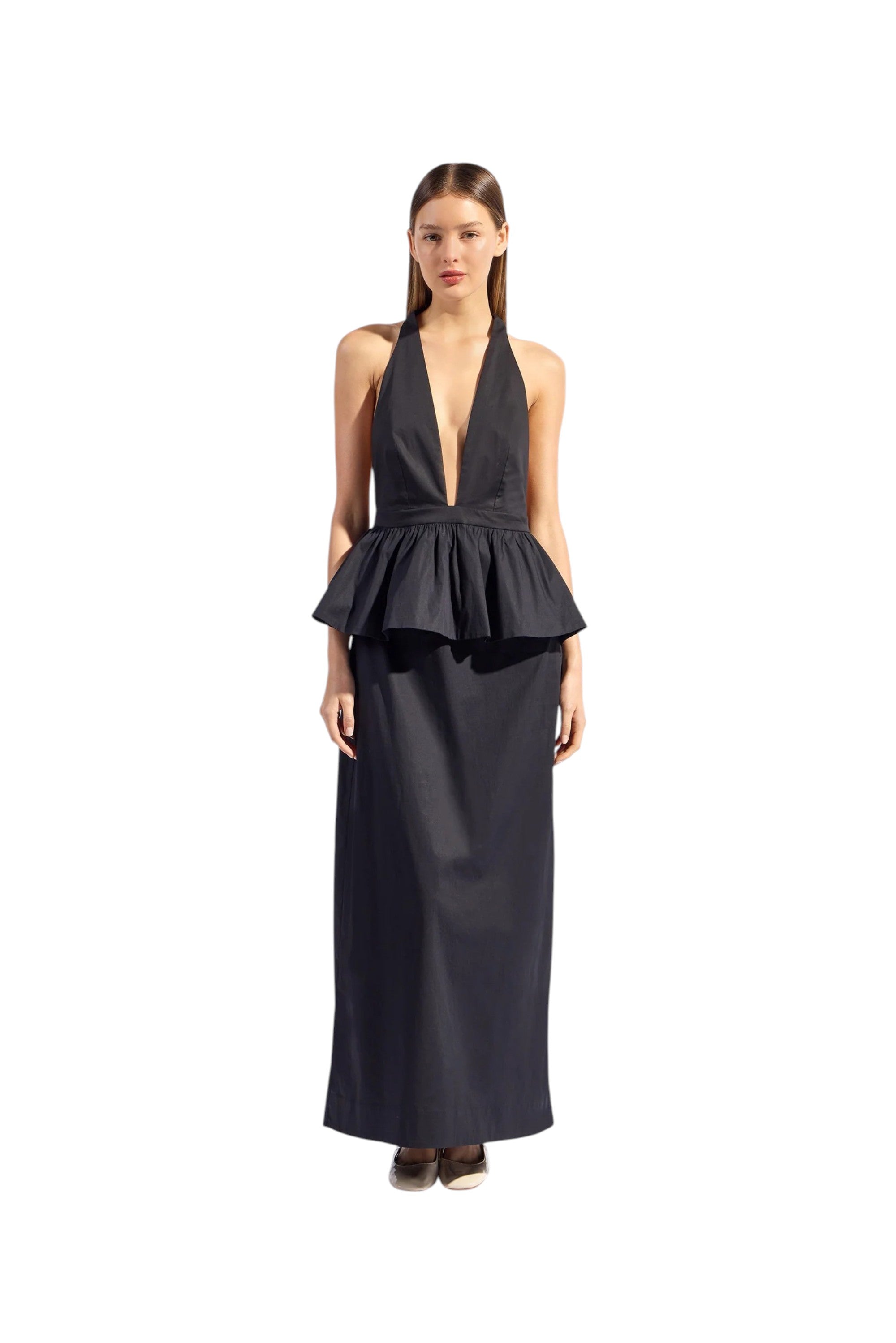 SOLID DEEP V-NECK PEPLUM MAXI DRESS