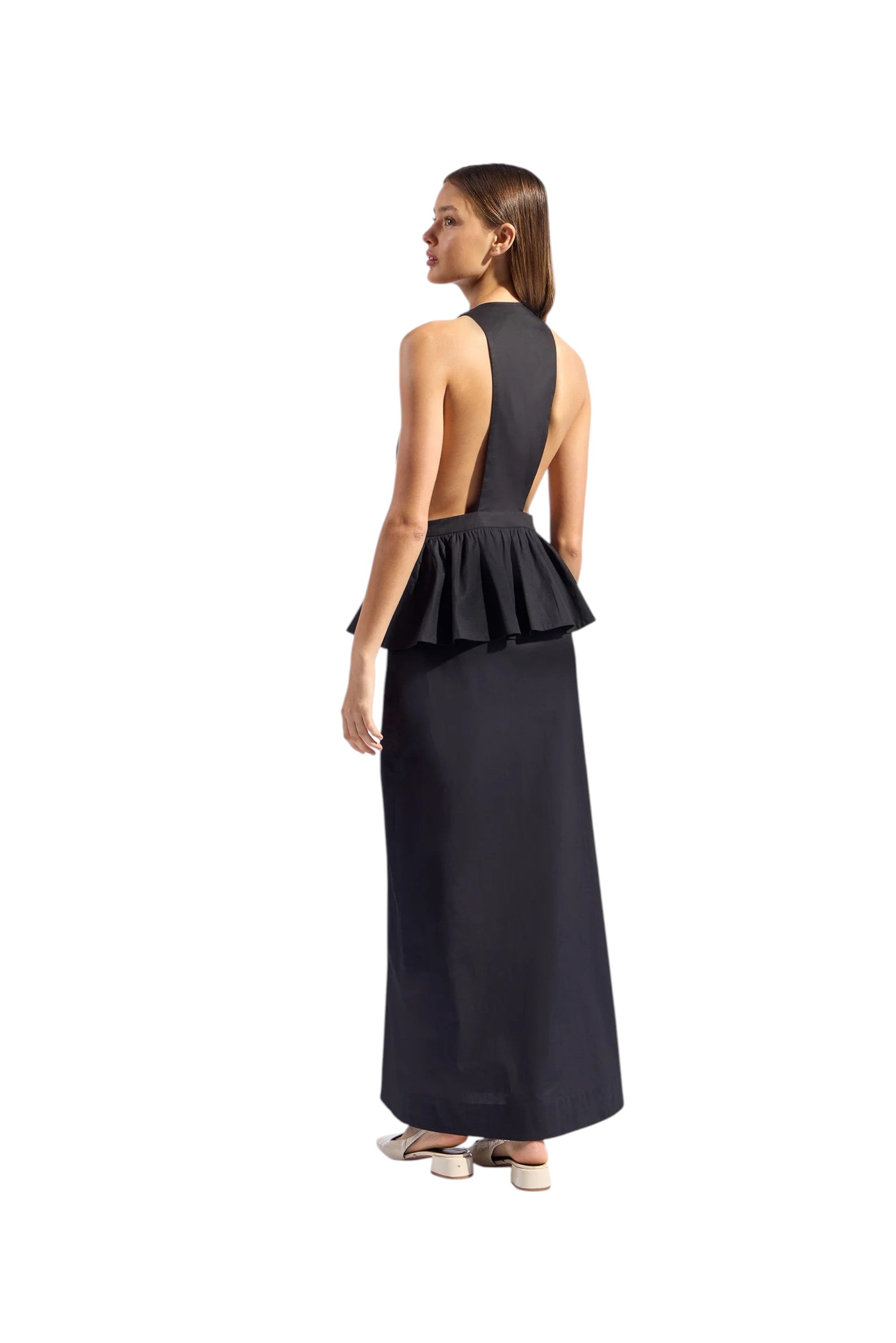 SOLID DEEP V-NECK PEPLUM MAXI DRESS