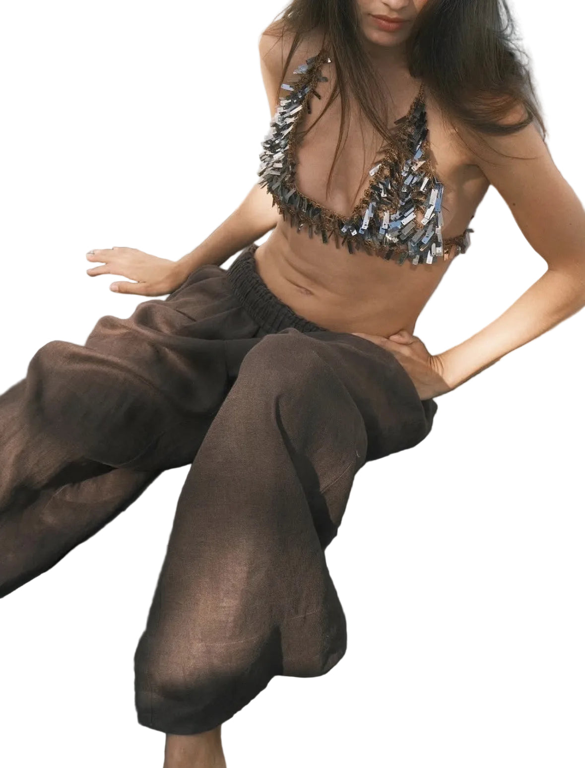 CROCHET DESIGN BROWN & METALLIC DETAILS MINI TOP