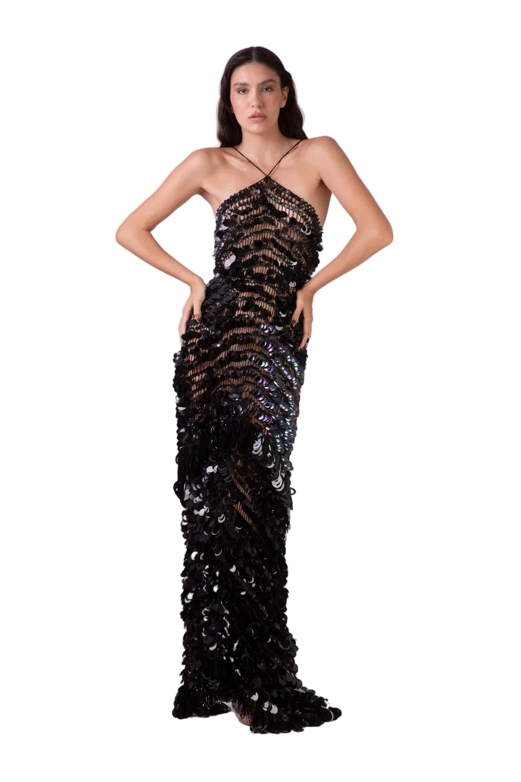 CROCHET DESING BLACK METALLIC DETAILS LONG DRESS