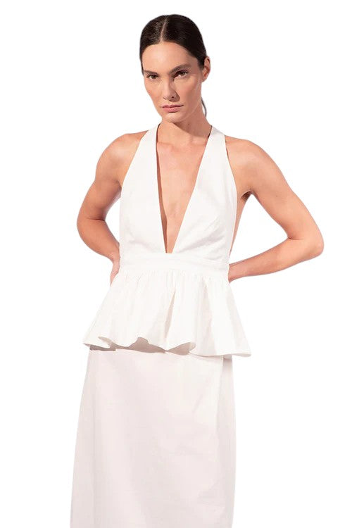 SOLID DEEP V-NECK PEPLUM MAXI DRESS